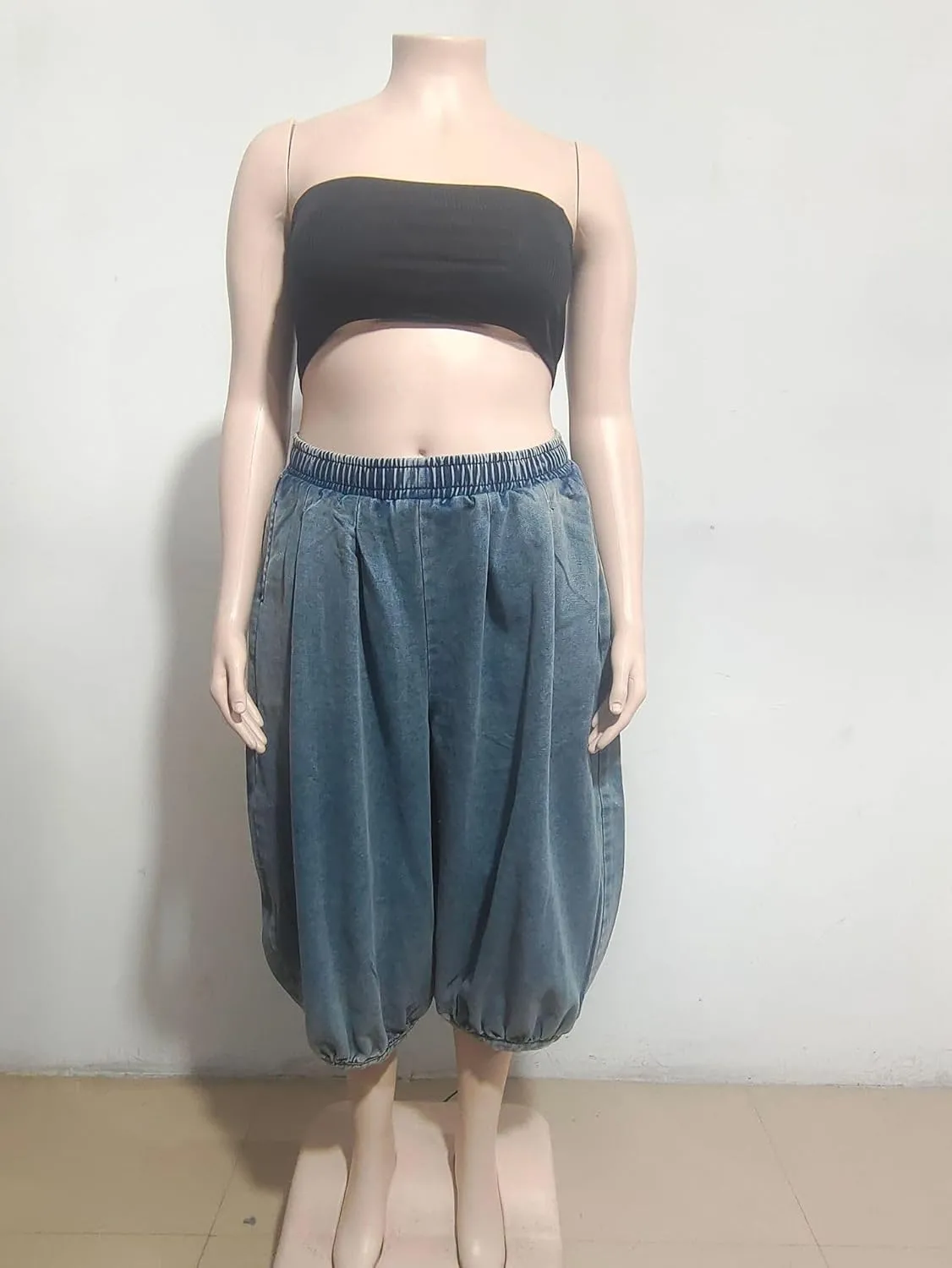 Molisry Women's Denim Harem Pants High Waisted Elastic Y2K Loose Fit Wide Leg Baggy Capri Jeans Casual Streetwear