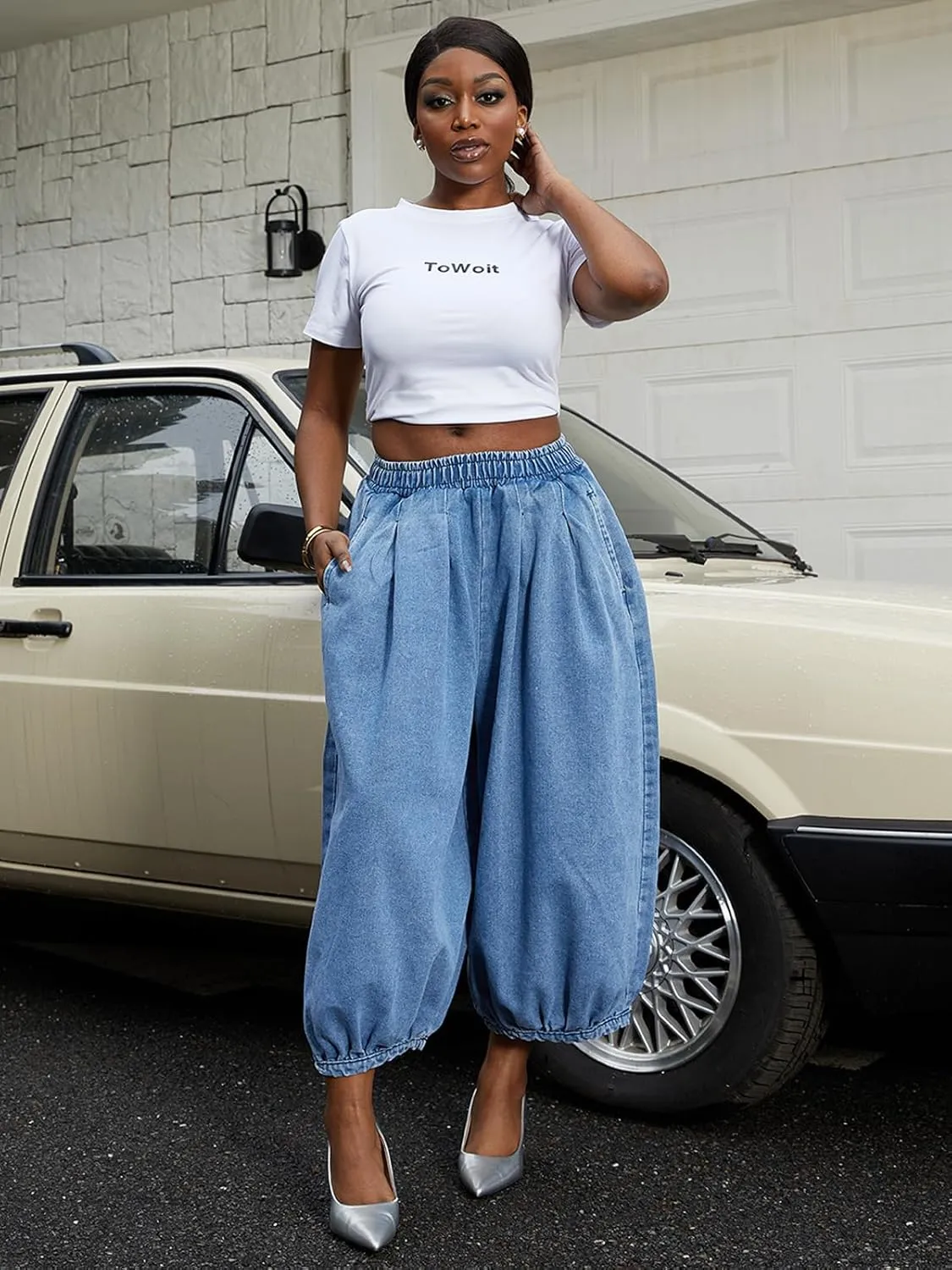 Molisry Women's Denim Harem Pants High Waisted Elastic Y2K Loose Fit Wide Leg Baggy Capri Jeans Casual Streetwear