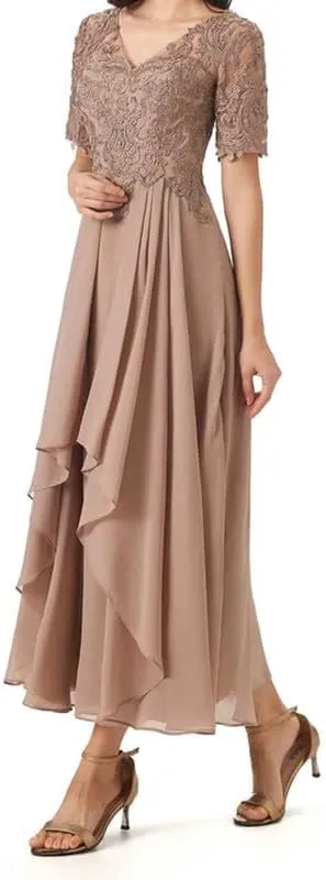 Mother of The Bride Dresses Lace Appliques Ruched A Line Evening Formal Gowns Short Sleeve V Neck Evening Dress Long Chiffon