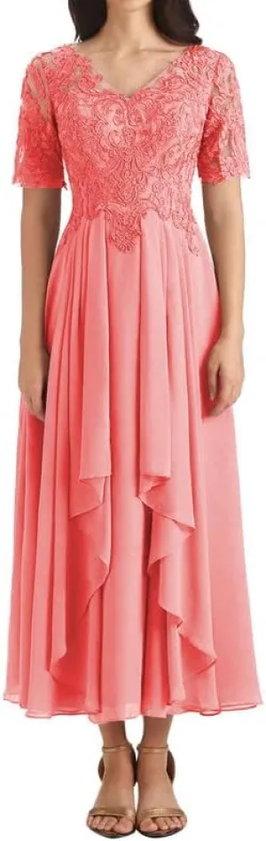 Mother of The Bride Dresses Lace Appliques Ruched A Line Evening Formal Gowns Short Sleeve V Neck Evening Dress Long Chiffon
