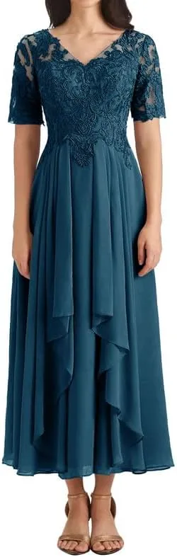 Mother of The Bride Dresses Lace Appliques Ruched A Line Evening Formal Gowns Short Sleeve V Neck Evening Dress Long Chiffon