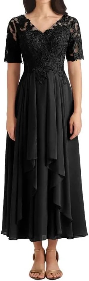 Mother of The Bride Dresses Lace Appliques Ruched A Line Evening Formal Gowns Short Sleeve V Neck Evening Dress Long Chiffon