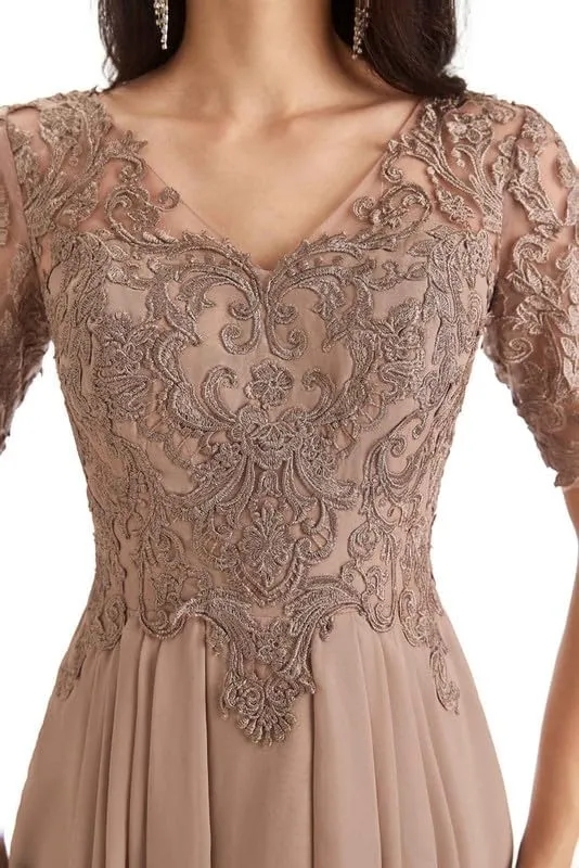 Mother of The Bride Dresses Lace Appliques Ruched A Line Evening Formal Gowns Short Sleeve V Neck Evening Dress Long Chiffon