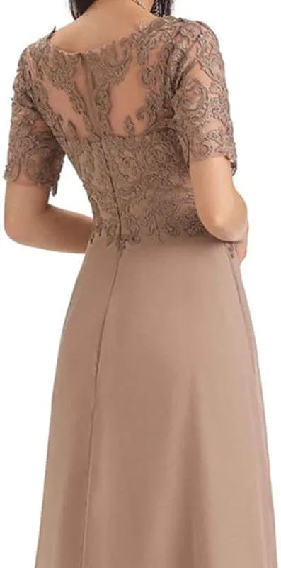 Mother of The Bride Dresses Lace Appliques Ruched A Line Evening Formal Gowns Short Sleeve V Neck Evening Dress Long Chiffon