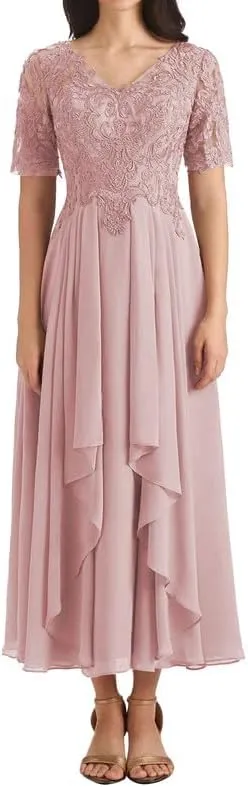 Mother of The Bride Dresses Lace Appliques Ruched A Line Evening Formal Gowns Short Sleeve V Neck Evening Dress Long Chiffon