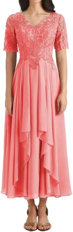 Mother of The Bride Dresses Lace Appliques Ruched A Line Evening Formal Gowns Short Sleeve V Neck Evening Dress Long Chiffon
