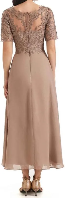 Mother of The Bride Dresses Lace Appliques Ruched A Line Evening Formal Gowns Short Sleeve V Neck Evening Dress Long Chiffon