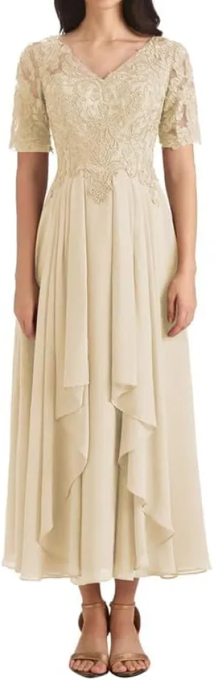 Mother of The Bride Dresses Lace Appliques Ruched A Line Evening Formal Gowns Short Sleeve V Neck Evening Dress Long Chiffon