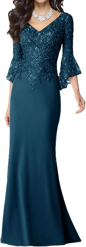 Mother of The Bride Dresses Long Mermaid Lace Formal Evening Dresses Long Sleeve for Wedding Chiffon V Neck