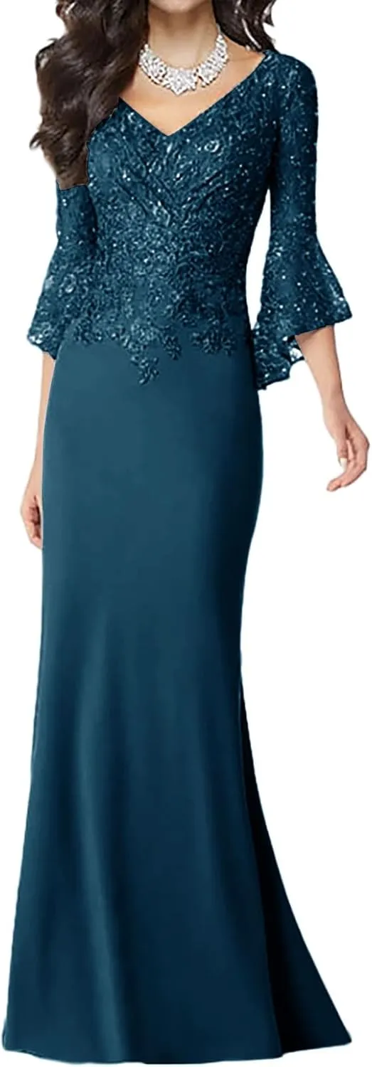 Mother of The Bride Dresses Long Mermaid Lace Formal Evening Dresses Long Sleeve for Wedding Chiffon V Neck