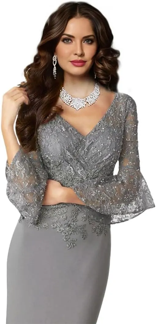 Mother of The Bride Dresses Long Mermaid Lace Formal Evening Dresses Long Sleeve for Wedding Chiffon V Neck