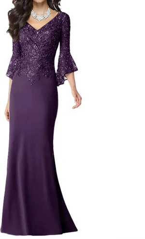Mother of The Bride Dresses Long Mermaid Lace Formal Evening Dresses Long Sleeve for Wedding Chiffon V Neck