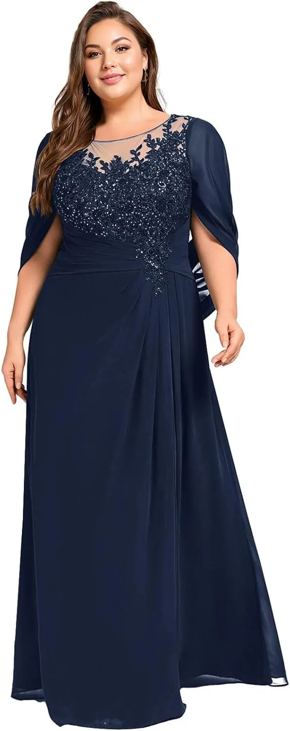 Mother of The Bride Dresses Pleated Sequins Plus Size Formal Evening Dress Lace Appliques Long Chiffon Evening Dress