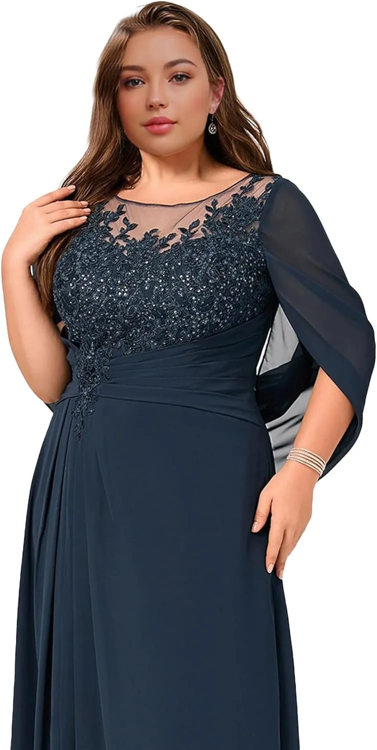 Mother of The Bride Dresses Pleated Sequins Plus Size Formal Evening Dress Lace Appliques Long Chiffon Evening Dress