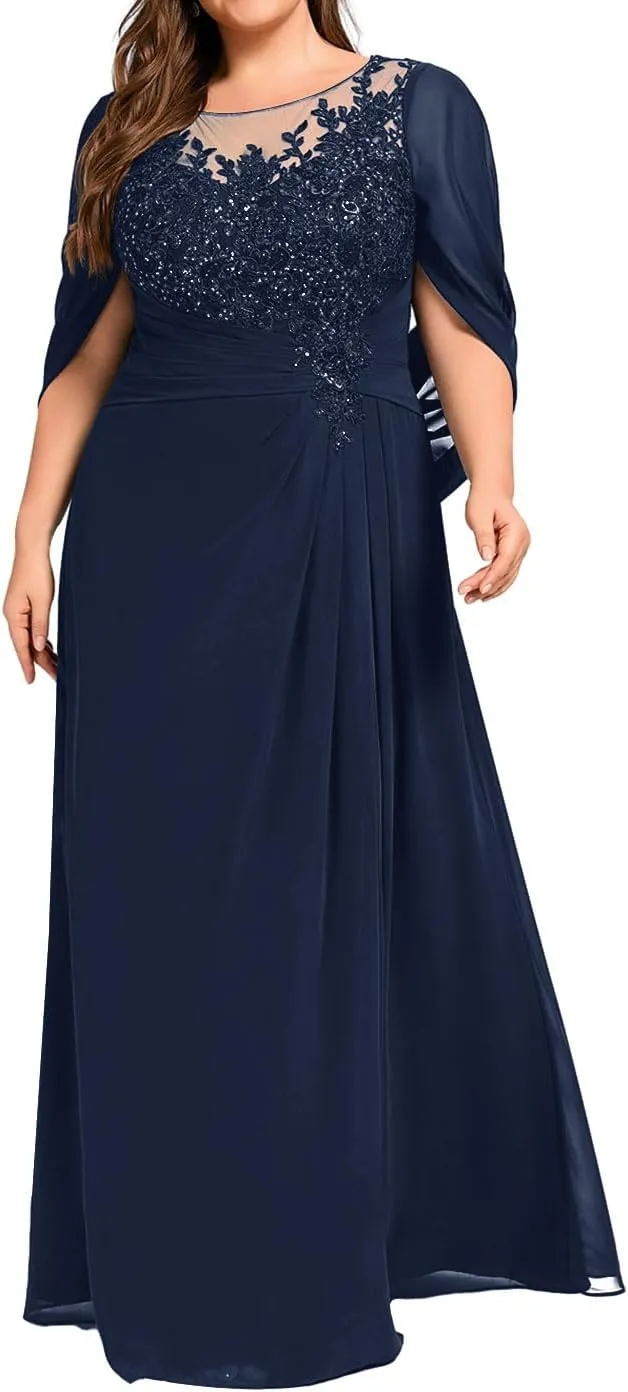 Mother of The Bride Dresses Pleated Sequins Plus Size Formal Evening Dress Lace Appliques Long Chiffon Evening Dress
