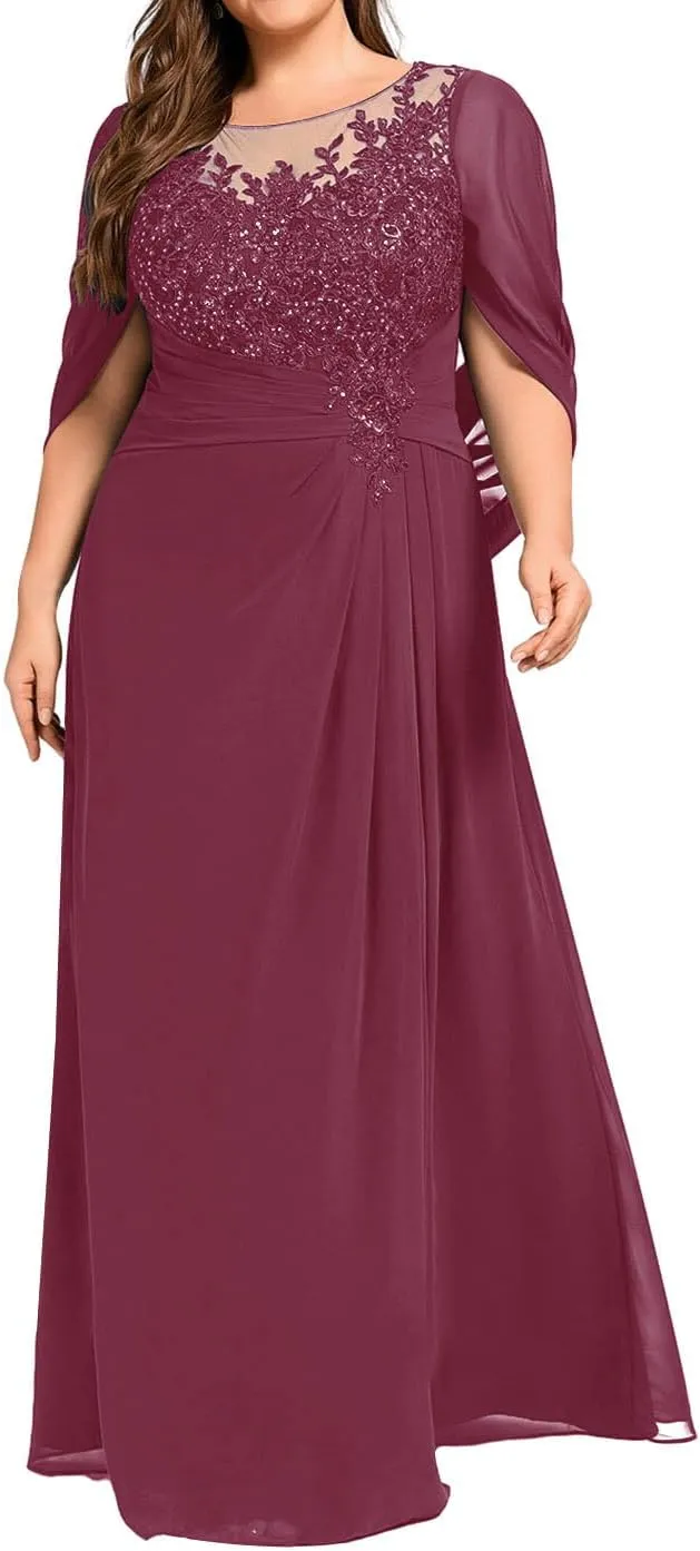 Mother of The Bride Dresses Pleated Sequins Plus Size Formal Evening Dress Lace Appliques Long Chiffon Evening Dress