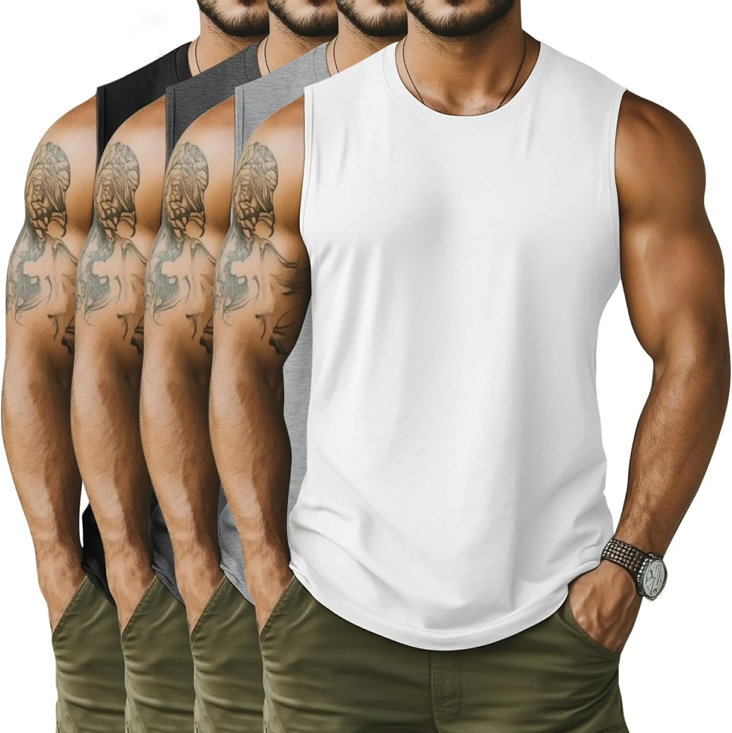 Neer 4 Pack Men's Big & Tall Tank Tops, Sleeveless Cotton Crew Neck T Shirts Casual Classic Shirts Muscle Quick Dry Tees(Black, Dark Gray, Light Gray, White,X-Large)