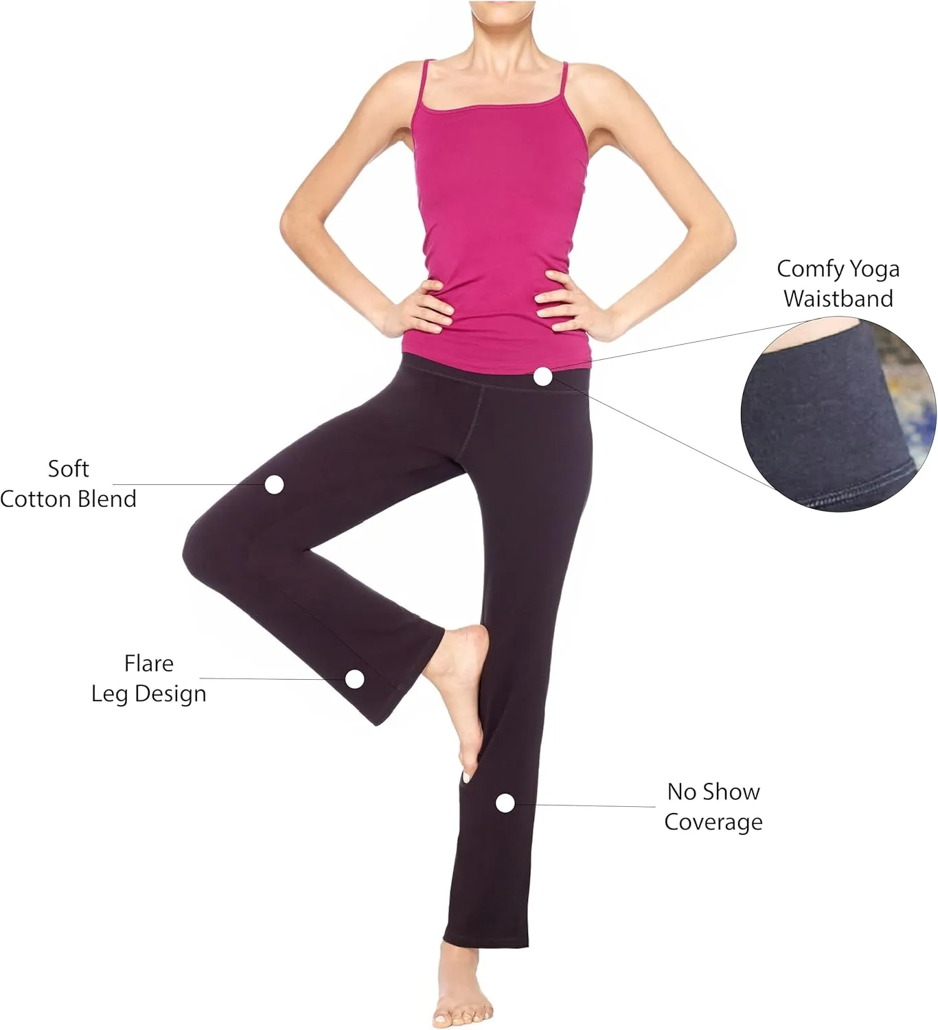 No Nonsense Lounge Yoga Pants Black Flared Cotton Leggings, 32.5 Inseam, Wide Waistband, No Show Coverage, Relaxed Flare Leg