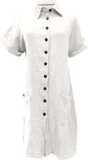 Novelty Button Down Tshirt Dresses Womens Short Sleeve Lapel Collar Mini Dress Loose Linen Gauze Beach Vacation Beach Dress