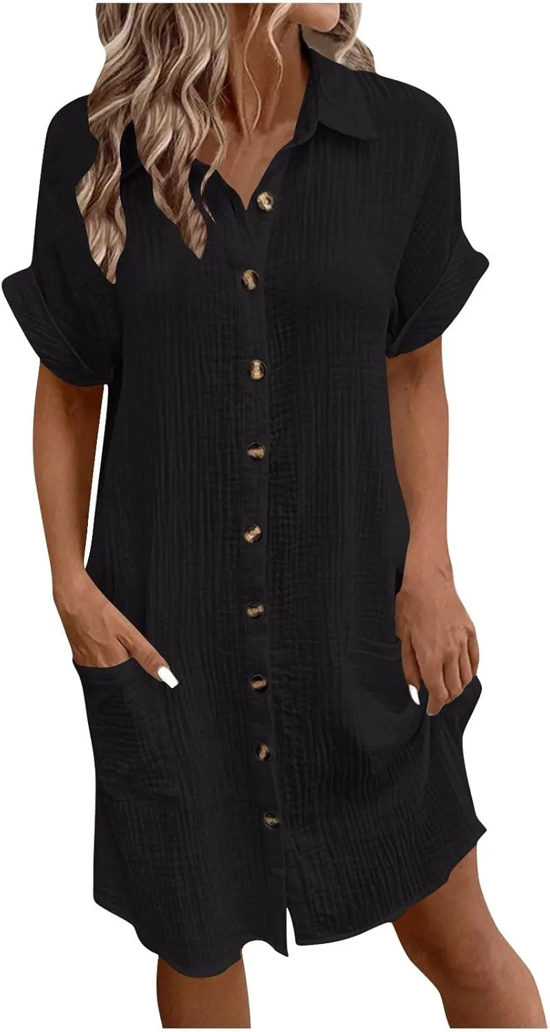 Novelty Button Down Tshirt Dresses Womens Short Sleeve Lapel Collar Mini Dress Loose Linen Gauze Beach Vacation Beach Dress