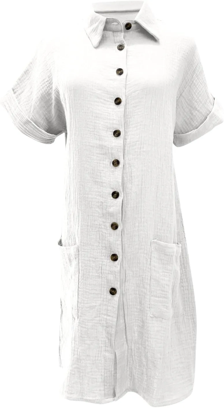Novelty Button Down Tshirt Dresses Womens Short Sleeve Lapel Collar Mini Dress Loose Linen Gauze Beach Vacation Beach Dress