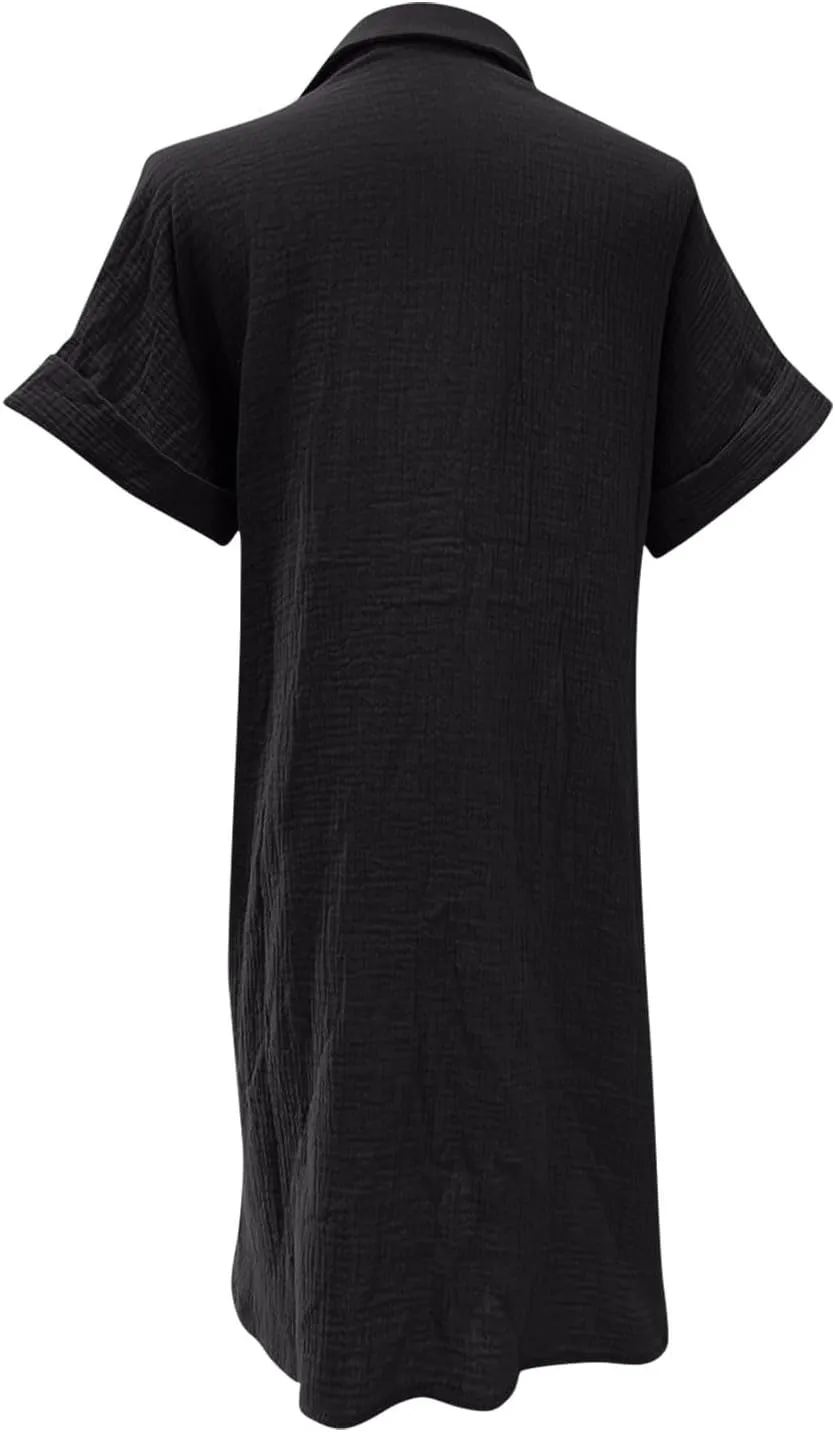 Novelty Button Down Tshirt Dresses Womens Short Sleeve Lapel Collar Mini Dress Loose Linen Gauze Beach Vacation Beach Dress
