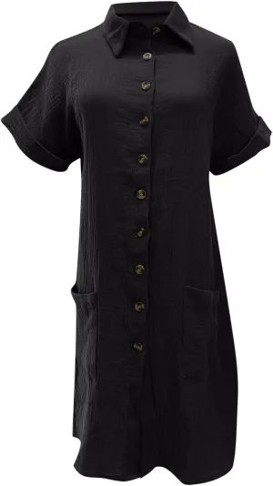 Novelty Button Down Tshirt Dresses Womens Short Sleeve Lapel Collar Mini Dress Loose Linen Gauze Beach Vacation Beach Dress
