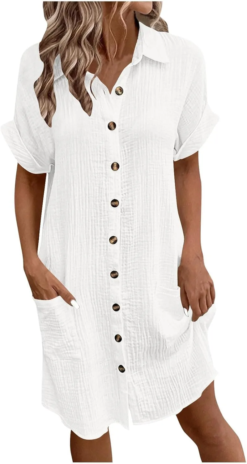 Novelty Button Down Tshirt Dresses Womens Short Sleeve Lapel Collar Mini Dress Loose Linen Gauze Beach Vacation Beach Dress
