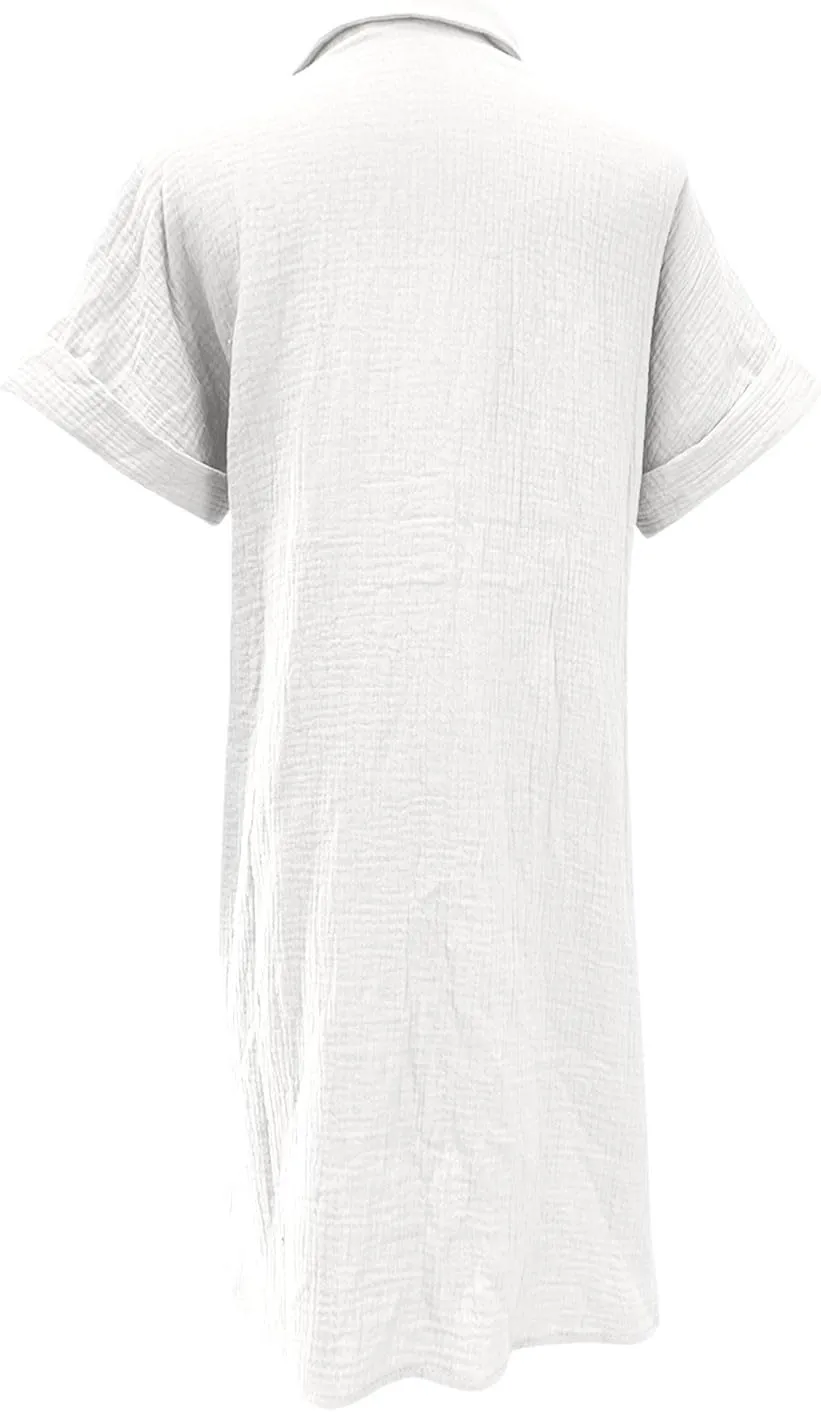 Novelty Button Down Tshirt Dresses Womens Short Sleeve Lapel Collar Mini Dress Loose Linen Gauze Beach Vacation Beach Dress