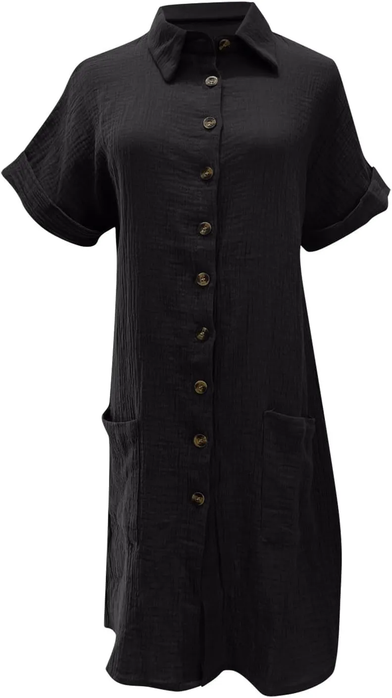 Novelty Button Down Tshirt Dresses Womens Short Sleeve Lapel Collar Mini Dress Loose Linen Gauze Beach Vacation Beach Dress