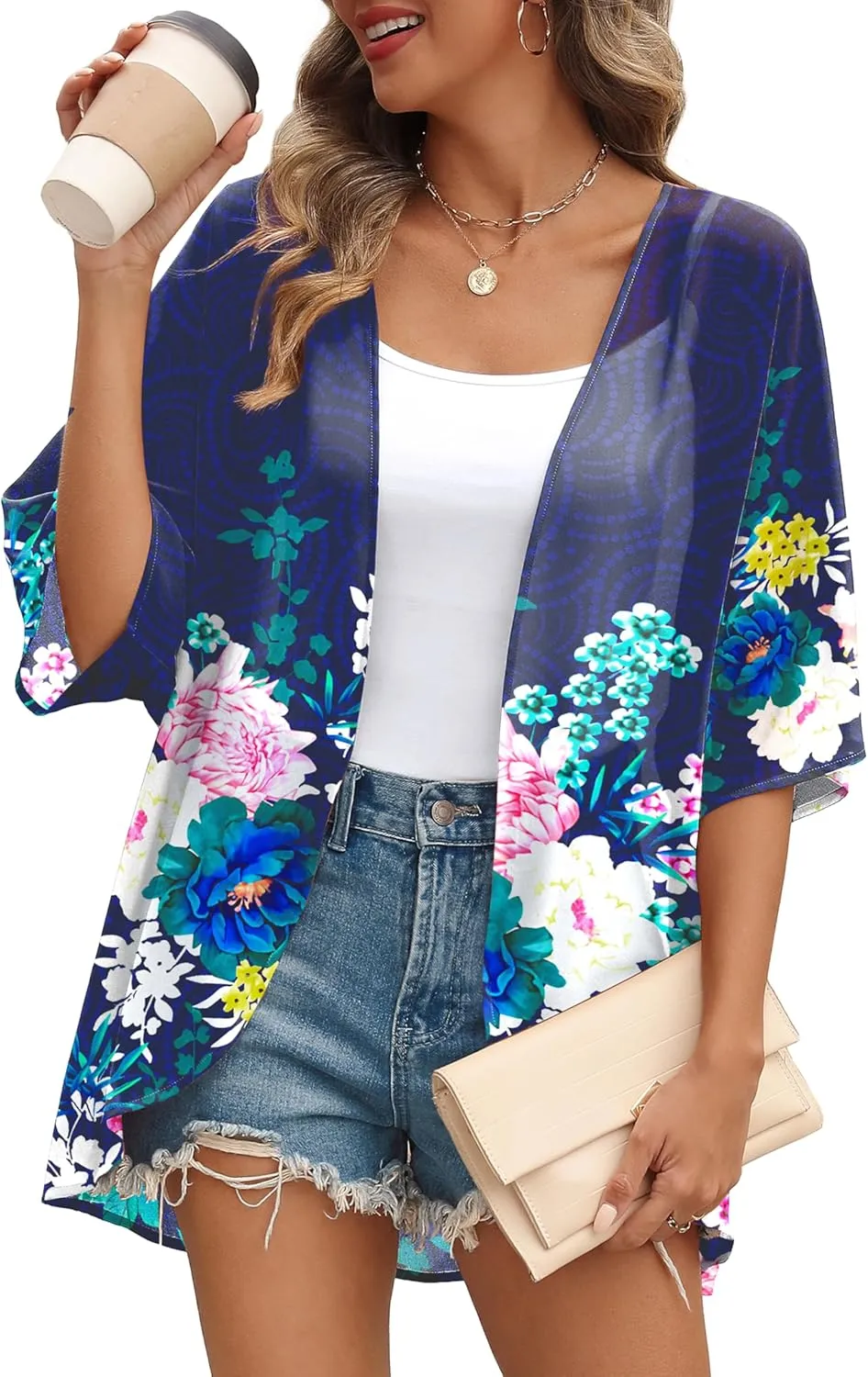 OFEEFAN Beach Cover Ups for Women 3/4 Length Sleeve Womens Tops Summer Cardigan Casual Blouses Loose Fit