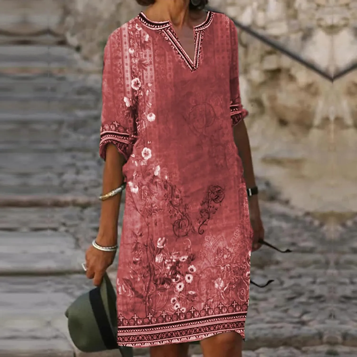 OIOLOYJM Plus Size Summer Dresses for Women 2025 Plus Size Dresses for Curvy Women 3/4 Sleeve Casual Boho Kaftan Dresses