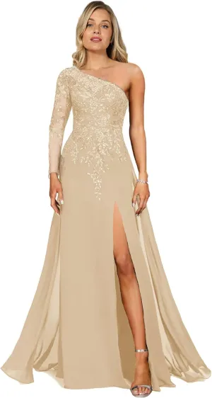One Shoulder Mother of The Bride Dresses Lace Appliques Formal Dresses Long Chiffon Evening Gown High Slit