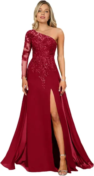 One Shoulder Mother of The Bride Dresses Lace Appliques Formal Dresses Long Chiffon Evening Gown High Slit
