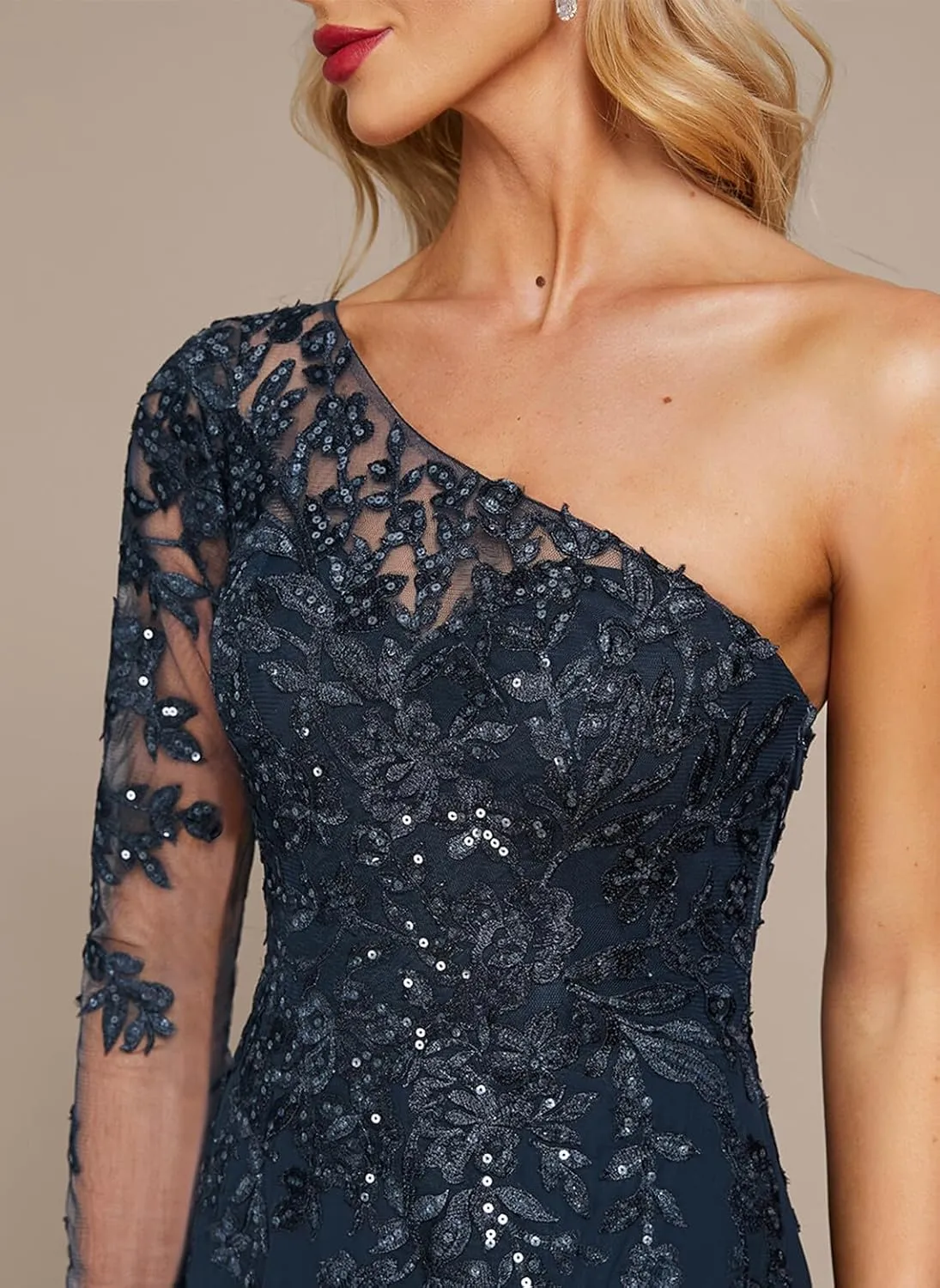 One Shoulder Mother of The Bride Dresses Lace Appliques Formal Dresses Long Chiffon Evening Gown High Slit