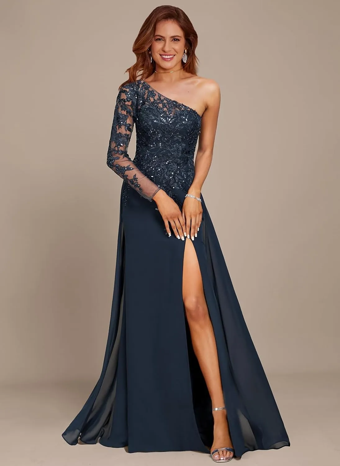One Shoulder Mother of The Bride Dresses Lace Appliques Formal Dresses Long Chiffon Evening Gown High Slit