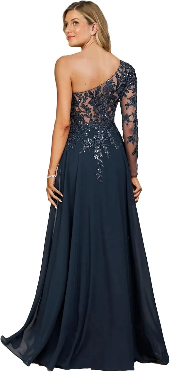 One Shoulder Mother of The Bride Dresses Lace Appliques Formal Dresses Long Chiffon Evening Gown High Slit