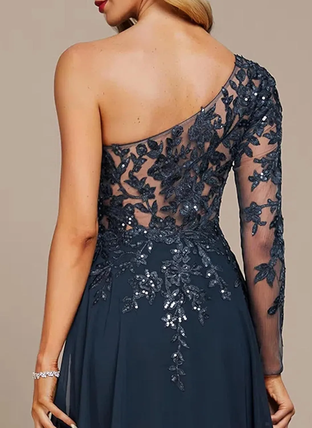 One Shoulder Mother of The Bride Dresses Lace Appliques Formal Dresses Long Chiffon Evening Gown High Slit