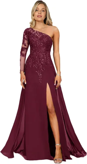 One Shoulder Mother of The Bride Dresses Lace Appliques Formal Dresses Long Chiffon Evening Gown High Slit