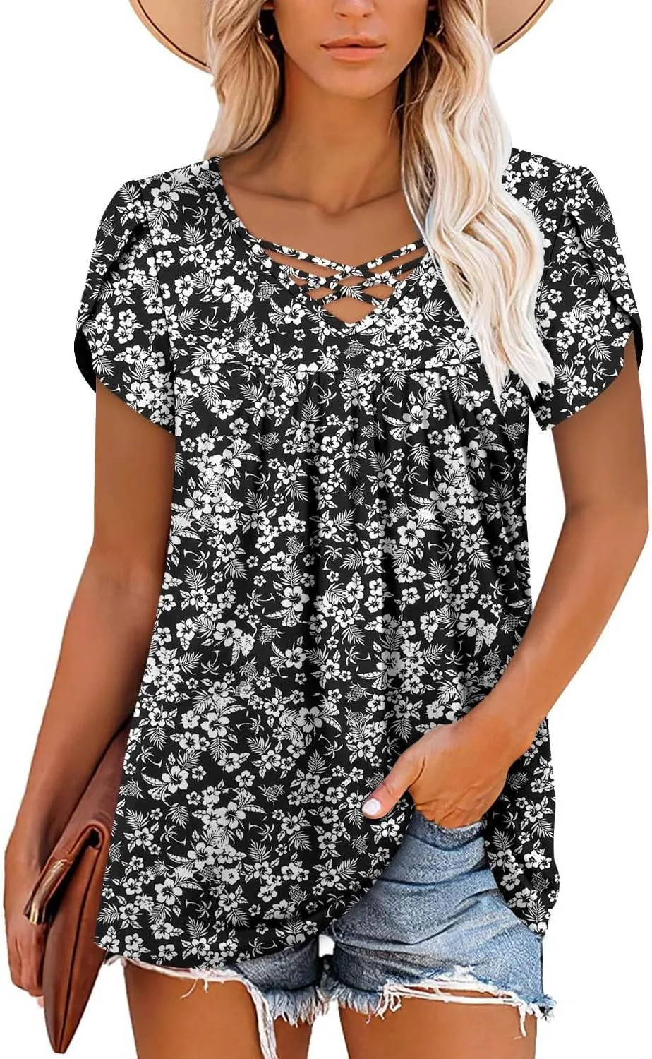 onlypuff Womens Tops Short Sleeve Shirts for Women V Neck Summer Tunic Tops Ladies Blouses Casual Loose Fit