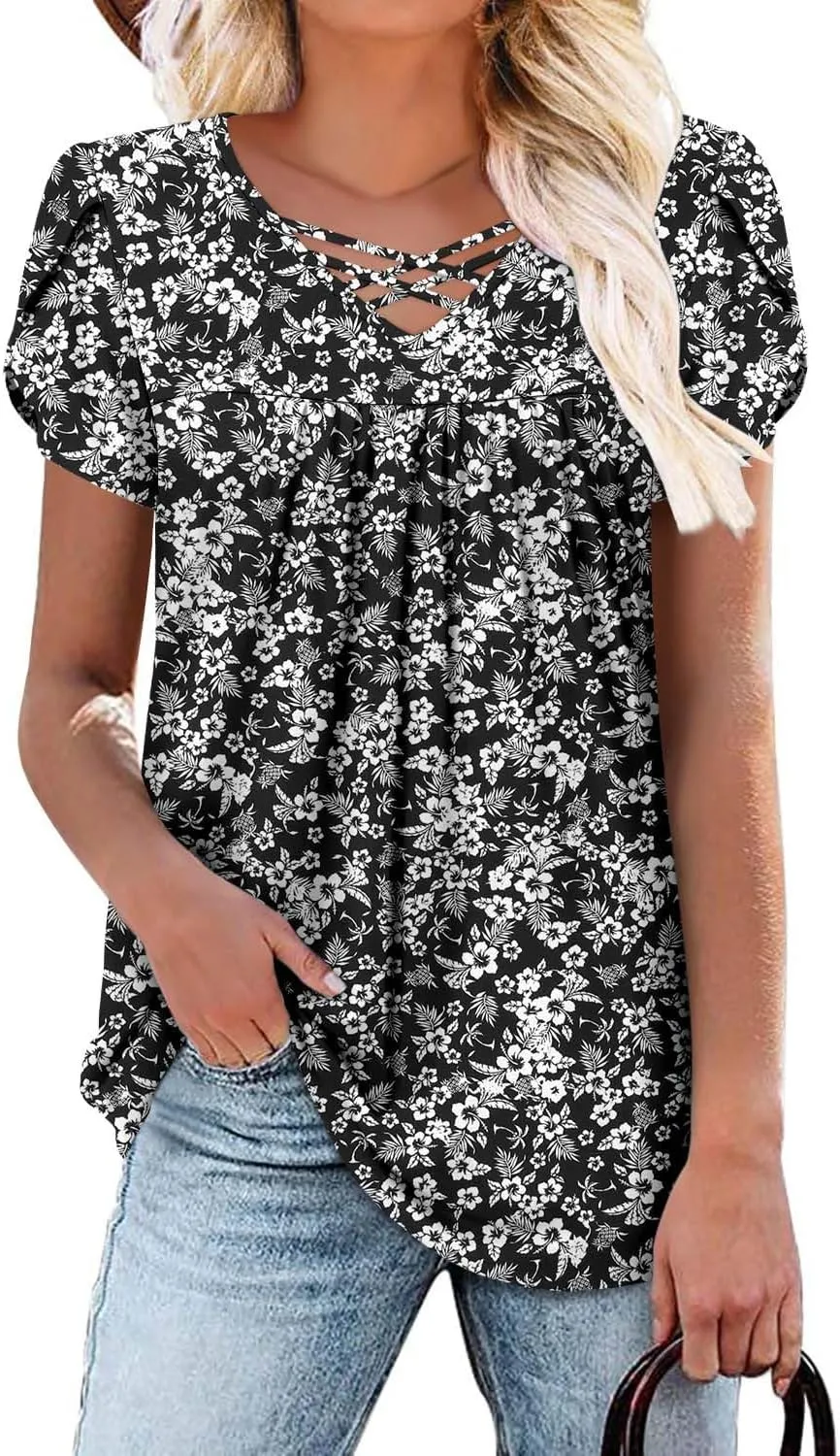 onlypuff Womens Tops Short Sleeve Shirts for Women V Neck Summer Tunic Tops Ladies Blouses Casual Loose Fit