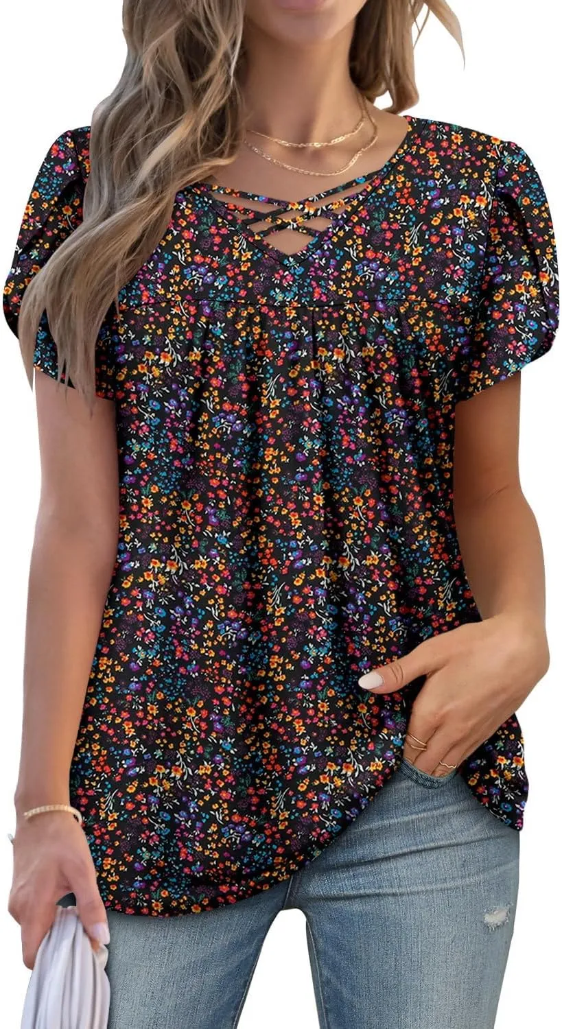 onlypuff Womens Tops Short Sleeve Shirts for Women V Neck Summer Tunic Tops Ladies Blouses Casual Loose Fit