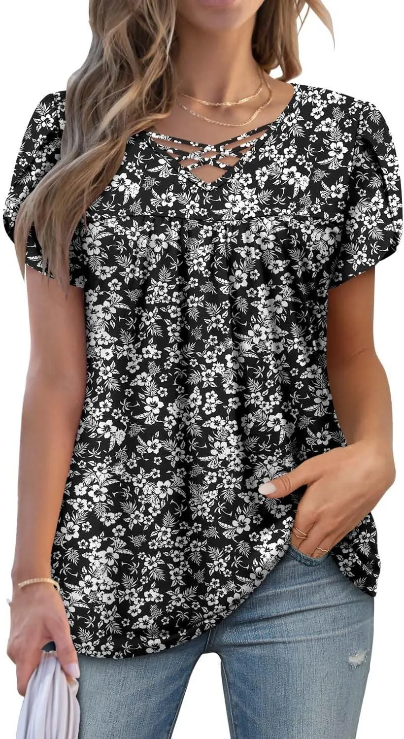 onlypuff Womens Tops Short Sleeve Shirts for Women V Neck Summer Tunic Tops Ladies Blouses Casual Loose Fit