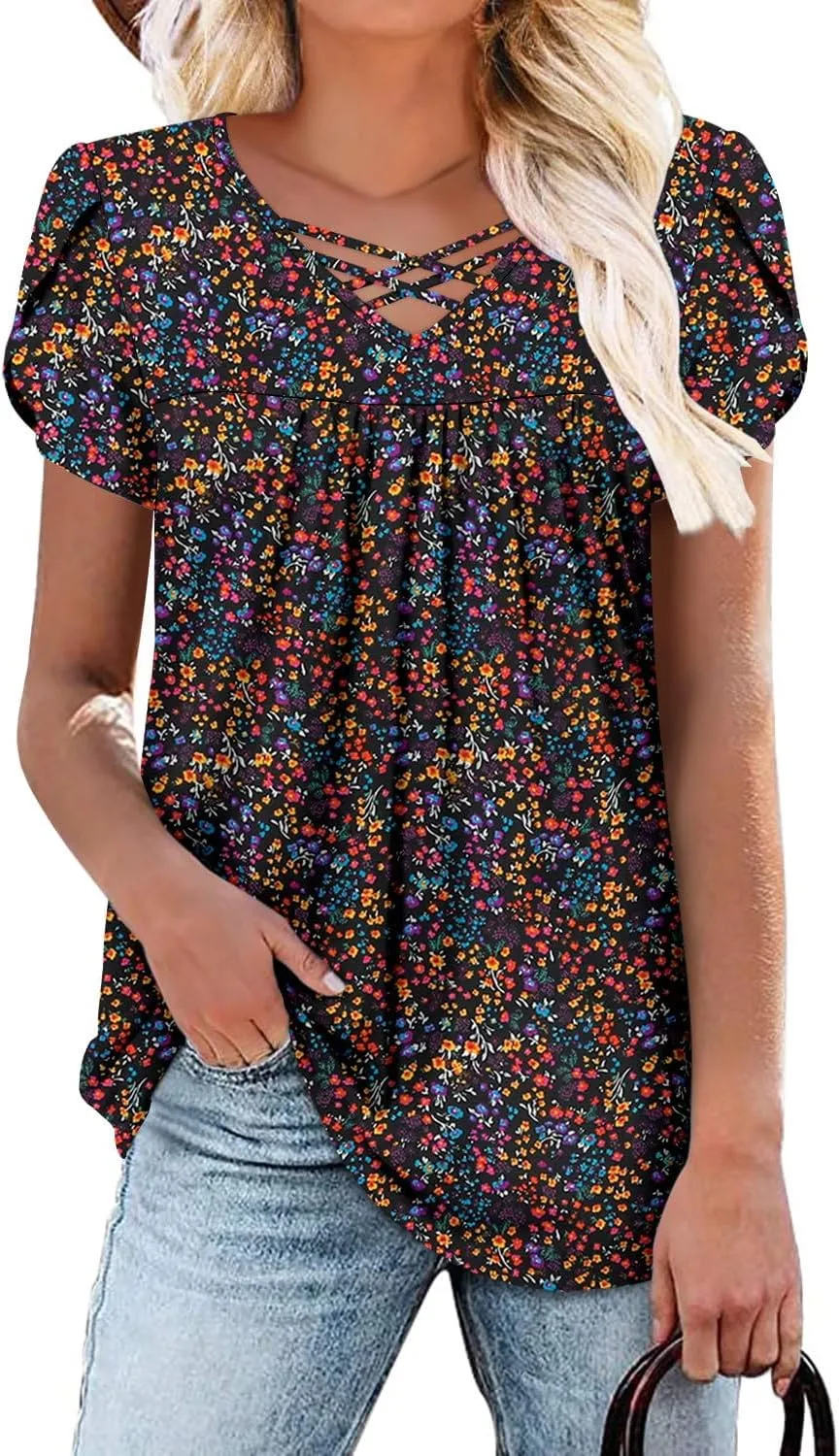 onlypuff Womens Tops Short Sleeve Shirts for Women V Neck Summer Tunic Tops Ladies Blouses Casual Loose Fit