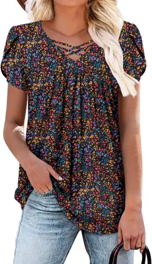 onlypuff Womens Tops Short Sleeve Shirts for Women V Neck Summer Tunic Tops Ladies Blouses Casual Loose Fit