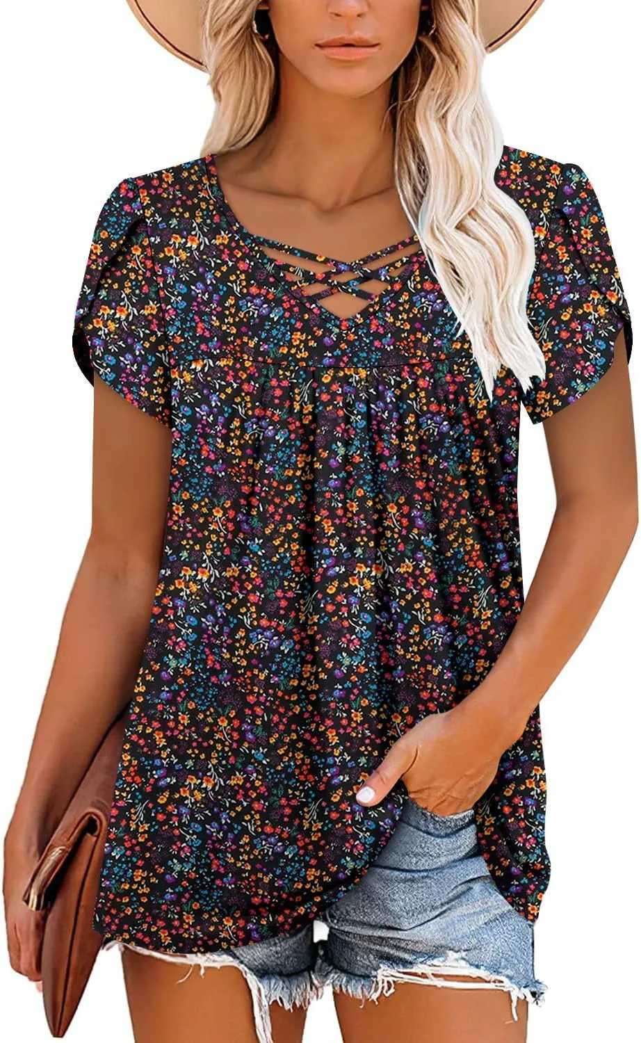 onlypuff Womens Tops Short Sleeve Shirts for Women V Neck Summer Tunic Tops Ladies Blouses Casual Loose Fit