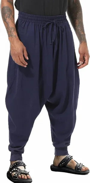 PACEIADTA Mens Casual Harem Pants Baggy Aladdin Hippie Elastic Waist Drop Crotch Trousers