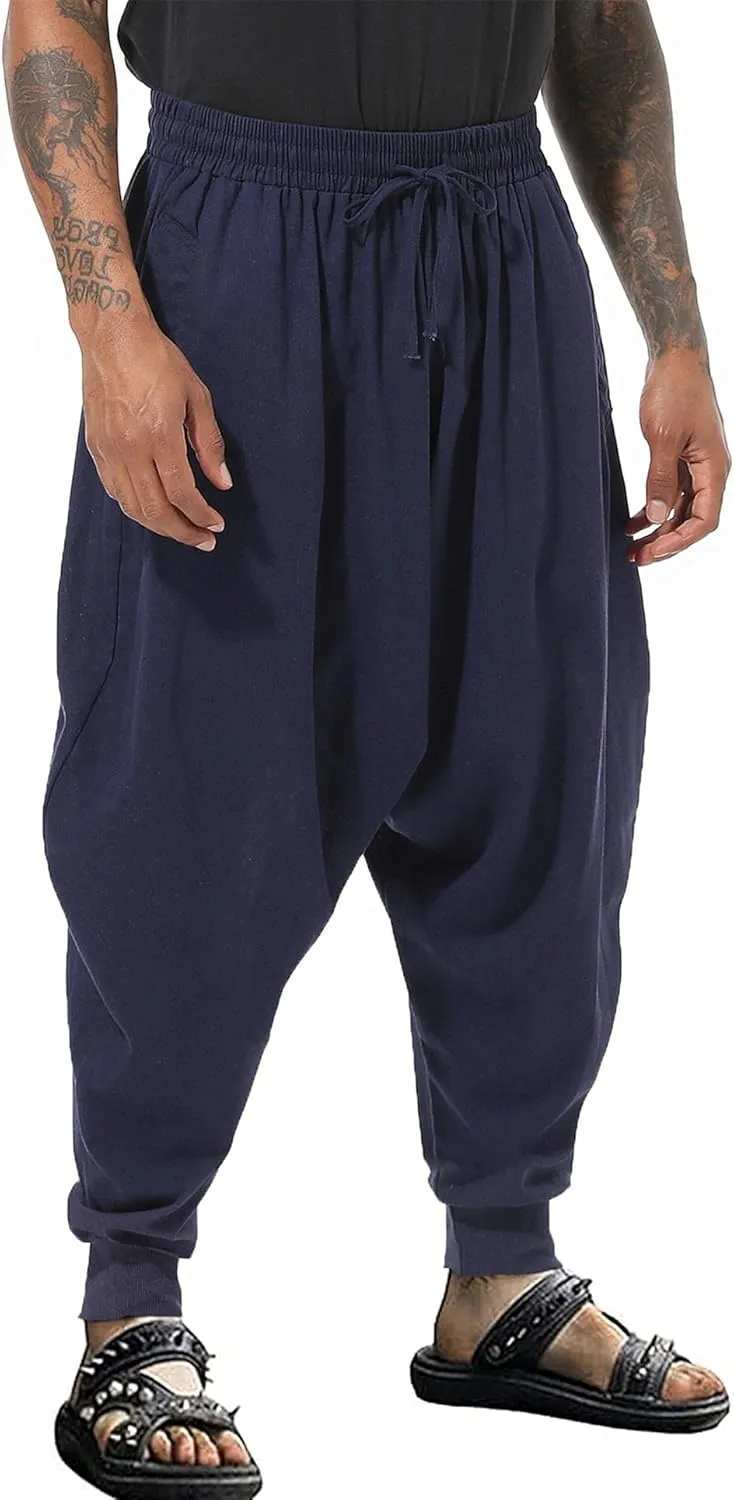 PACEIADTA Mens Casual Harem Pants Baggy Aladdin Hippie Elastic Waist Drop Crotch Trousers