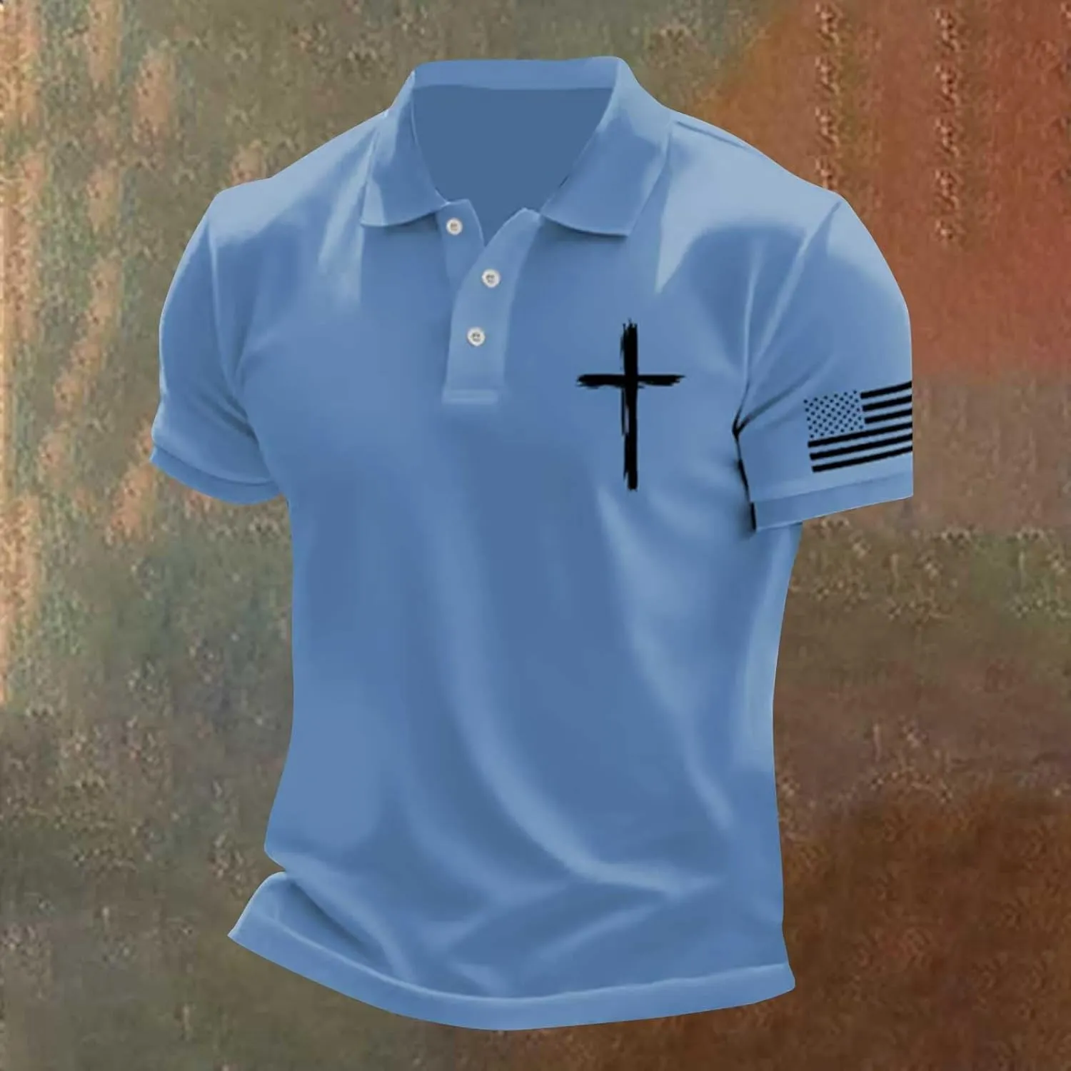 Patriotic Polo Shirts for Men 4th of July Flag Christian Faith Cross Printed Short Sleeve Button Lapel Golf Shirts