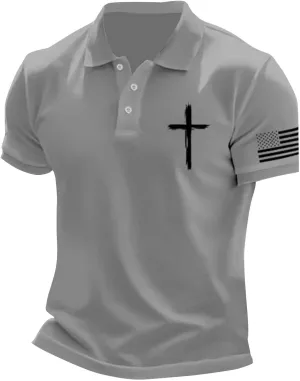 Patriotic Polo Shirts for Men 4th of July Flag Christian Faith Cross Printed Short Sleeve Button Lapel Golf Shirts